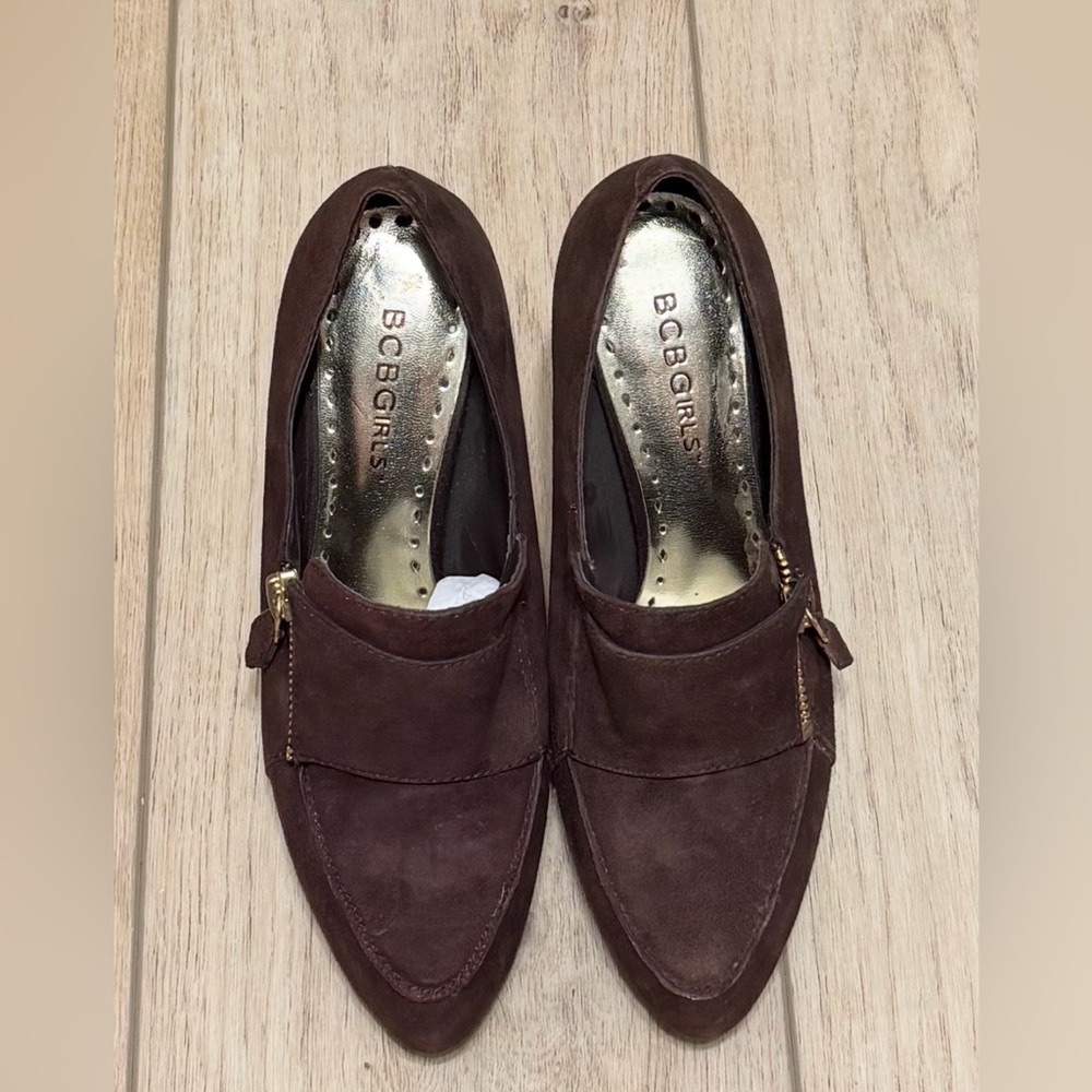 BCBGirls Dark Brown Suede Loafers with Gold Accent